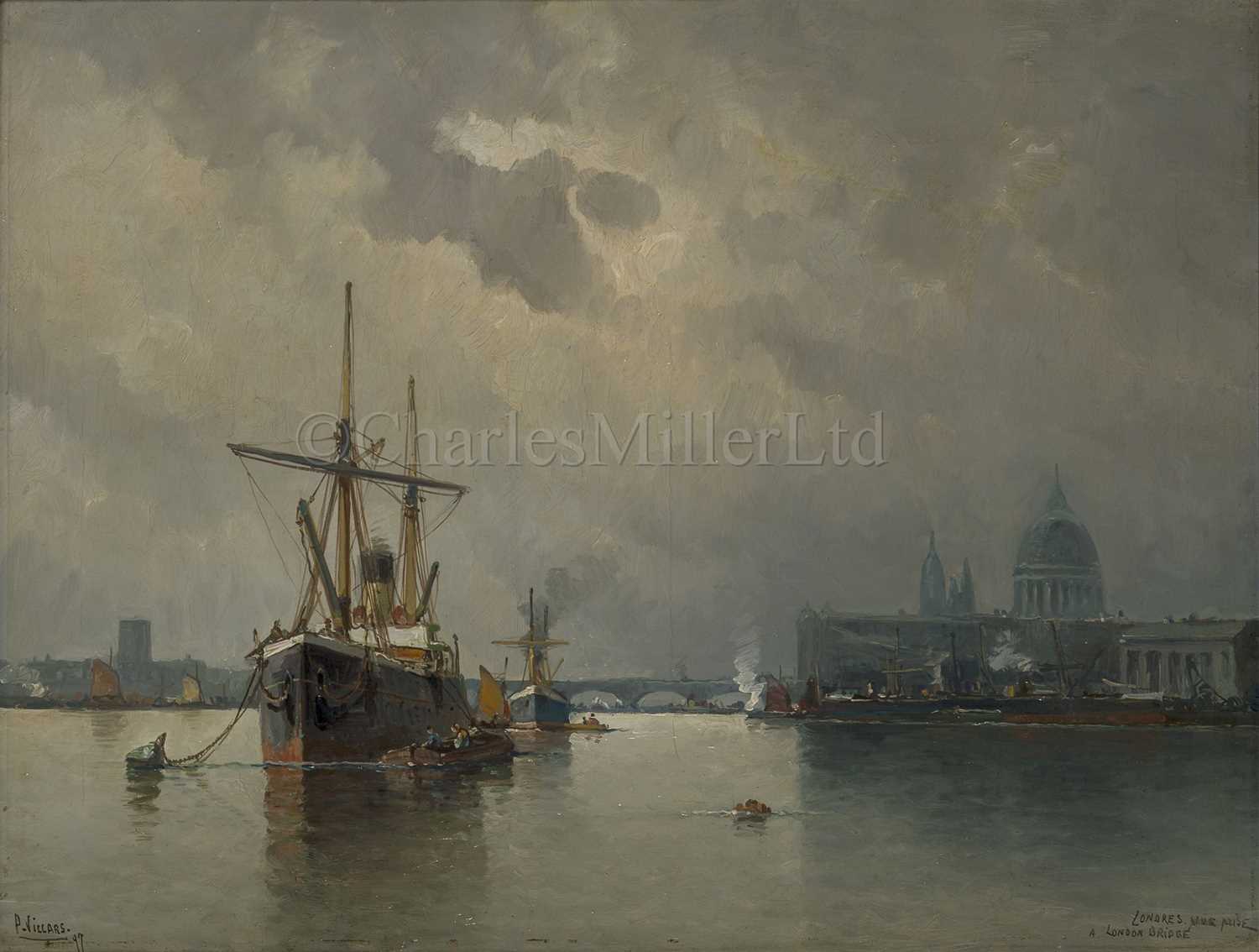 Lot 29 - PAUL VILLARS (FRENCH, 19TH/20TH CENTURY); Shipping in the Pool of London with St Paul's and London Bridge beyond