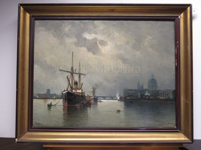 Lot 29 - PAUL VILLARS (FRENCH, 19TH/20TH CENTURY); Shipping in the Pool of London with St Paul's and London Bridge beyond
