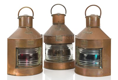 Lot 214 - A SET OF COPPER AND BRASS MARINE NAVIGATION LAMPS, CIRCA 1950