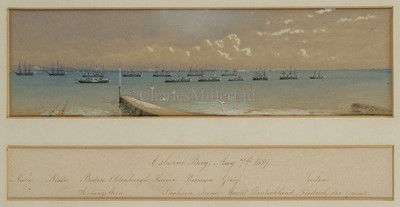 Lot 91 - ENGLISH SCHOOL, 19TH CENTURY: Osborne Bay, August 7th, 1889: the Royal Yacht 'Victoria & Albert II' reviewing the German Fleet