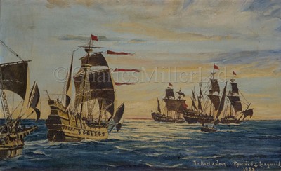 Lot 172 - ROWLAND LANGMAID (BRITISH, 1897-1956): British caravels in the sunset, circa 1588