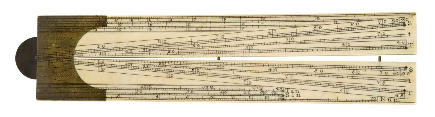 Lot 299 - Ø A FOLDING IVORY AND BRASS SECTOR BY ADAMS, LONDON, CIRCA 1790 & 4 protractors