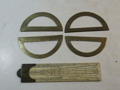 Lot 299 - Ø A FOLDING IVORY AND BRASS SECTOR BY ADAMS, LONDON, CIRCA 1790 & 4 protractors