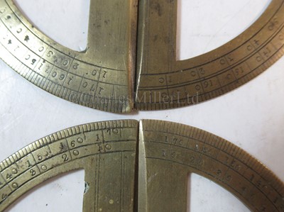 Lot 299 - Ø A FOLDING IVORY AND BRASS SECTOR BY ADAMS, LONDON, CIRCA 1790 & 4 protractors