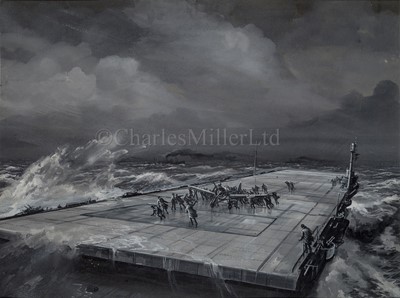 Lot 137 - δ ROLAND OXFORD DAVIES (BRITISH, 1904–1993) : A landing crew receiving a plane on an escort aircraft carrier in a heavy swell