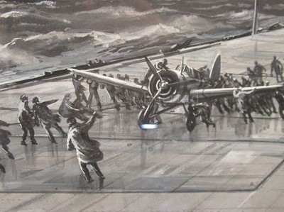 Lot 137 - δ ROLAND OXFORD DAVIES (BRITISH, 1904–1993) : A landing crew receiving a plane on an escort aircraft carrier in a heavy swell