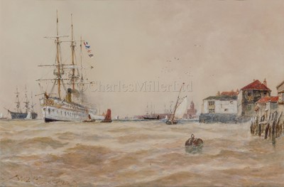 Lot 95 - THOMAS BUSH HARDY (BRITISH, 1842–1897): The Indian troopship Jumna
leaving Portsmouth