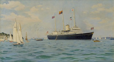 Lot 147 - δ KENNETH ALLINGTON YOCKNEY (BRITISH, 1881-1965): Royal Cowes week: H.M. the Queen and Prince Philip approaching the R.Y. 'Britannia', 1960