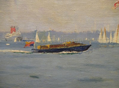 Lot 147 - δ KENNETH ALLINGTON YOCKNEY (BRITISH, 1881-1965): Royal Cowes week: H.M. the Queen and Prince Philip approaching the R.Y. 'Britannia', 1960