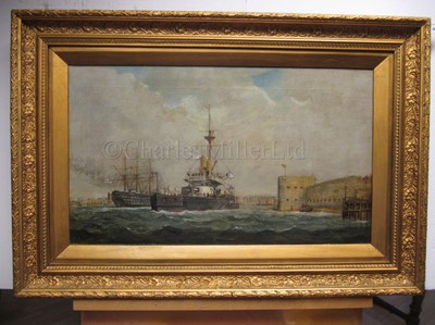Lot 98 - E. ROBINS (BRITISH, ACT. 1882–1902): H.M.S. 'Dreadnought' passing the 'Duke of Wellington' off Portsmouth, circa 1884