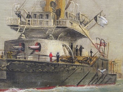 Lot 98 - E. ROBINS (BRITISH, ACT. 1882–1902): H.M.S. 'Dreadnought' passing the 'Duke of Wellington' off Portsmouth, circa 1884