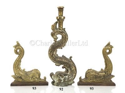 Lot 93 - A PAIR OF ADMIRALTY PATTERN DECORATIVE BRASS DOLPHINS FOR A BARGE OR PINNACE, PROBABLY 20TH CENTURY