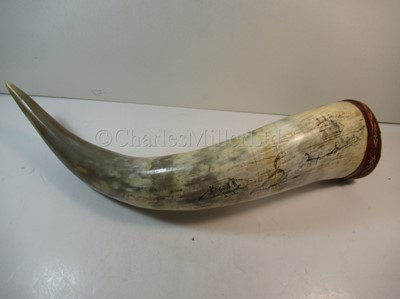 Lot 168 - A SCRIMSHAW DECORATED COW'S HORN