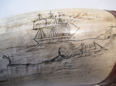 Lot 168 - A SCRIMSHAW DECORATED COW'S HORN