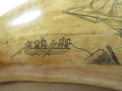 Lot 163 - Ø  A LARGE SCRIMSHAW DECORATED WHALE'S TOOTH, CIRCA 1890
