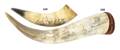 Lot 169 - A COW'S HORN SCRIMSHAW DECORATED WITH S.S. GREAT BRITAIN, 19TH CENTURY