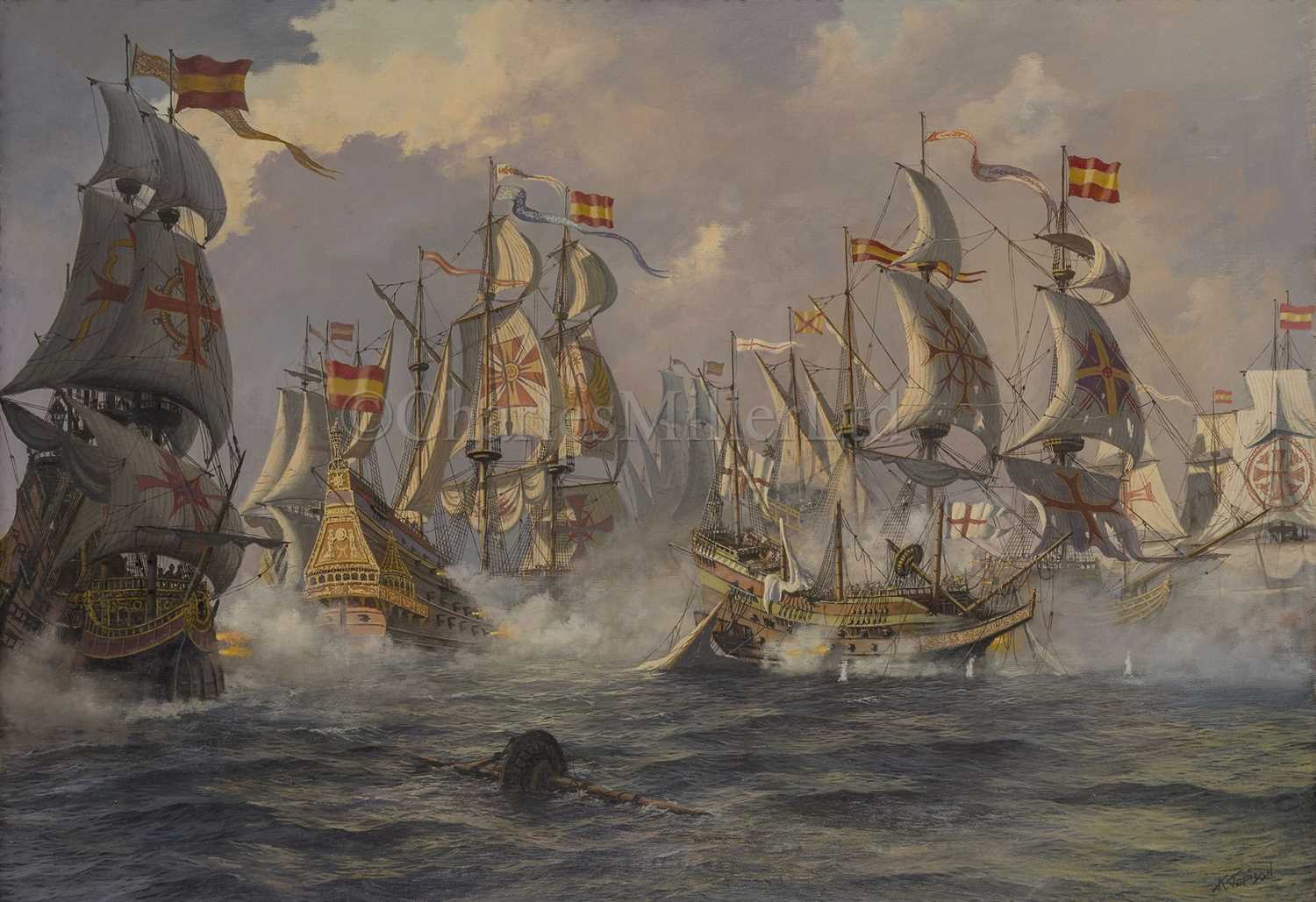 Lot 36 - δ KENNETH JEPSON (BRITISH, 1932-1998): Sir Richard Grenville's 'Revenge' in her last fight off the Azores, 31st August, 1591