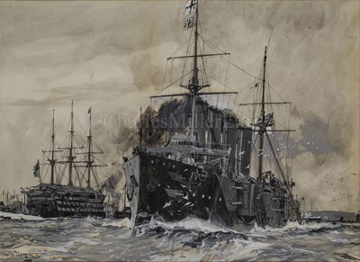 Lot 99 - CHARLES DIXON (BRITISH, 1872-1934): H.M.S. 'Good Hope' passing the Victory at Portsmouth
