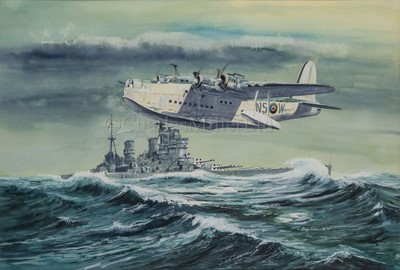 Lot 142 - δ BRIAN EATON (BRITISH, 20TH CENTURY): A Sunderland flying boat, flying past H.M.S. 'King Geoge V'