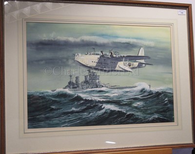 Lot 142 - δ BRIAN EATON (BRITISH, 20TH CENTURY): A Sunderland flying boat, flying past H.M.S. 'King Geoge V'