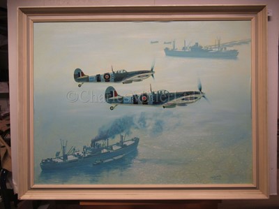 Lot 144 - δ BRIAN WITHAMS (BRITISH, BORN 1932): Spitfires on patrol