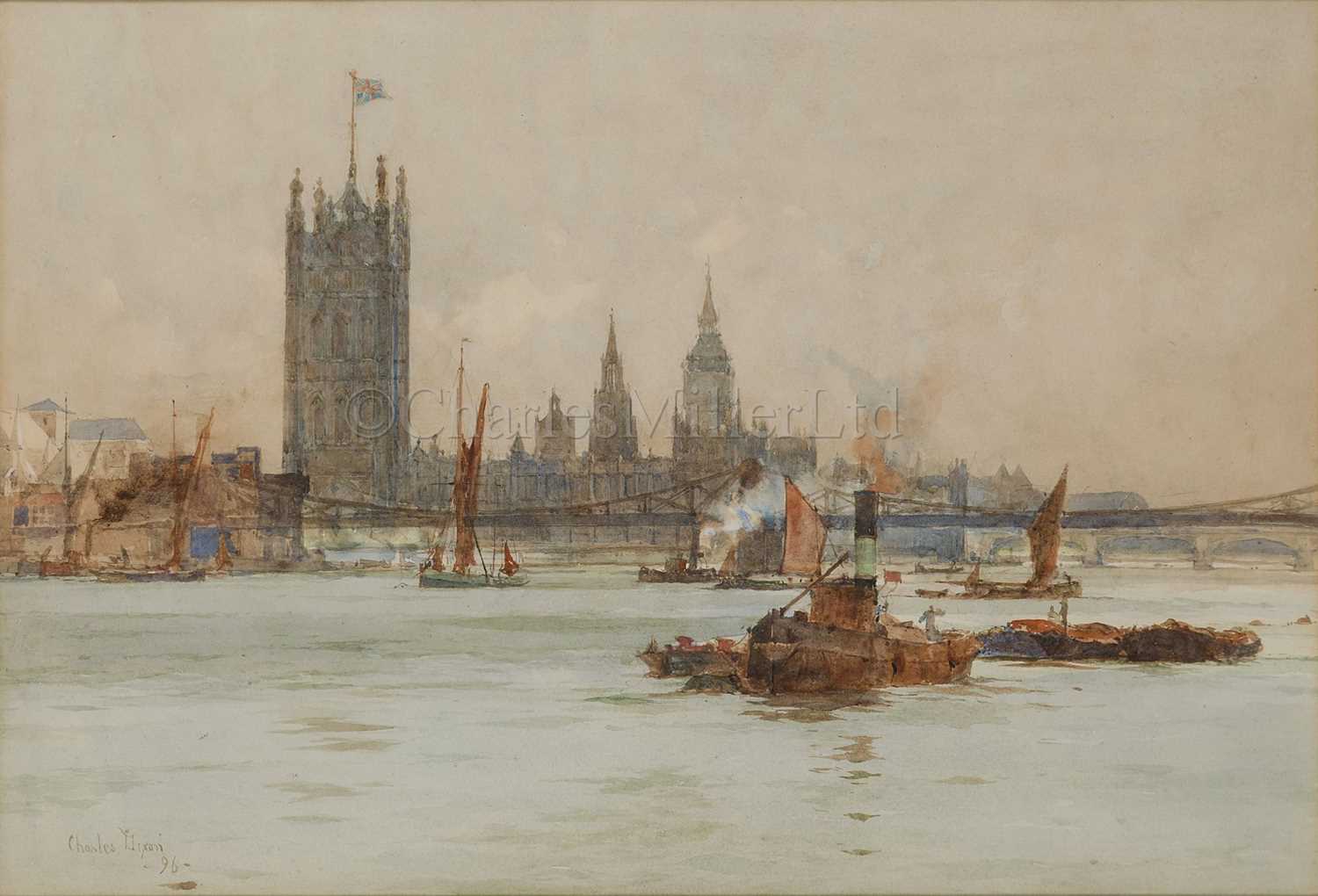 Lot 8 - CHARLES DIXON (BRITISH, 1872-1934): Shipping on the River Thames with the Palace of Westminster and Lambeth Bridge beyond
