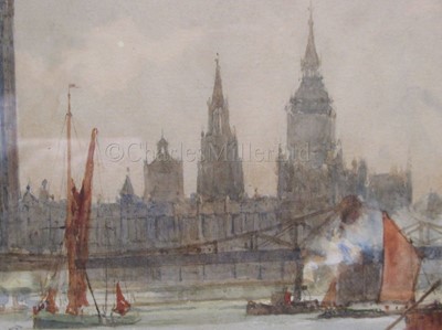 Lot 8 - CHARLES DIXON (BRITISH, 1872-1934): Shipping on the River Thames with the Palace of Westminster and Lambeth Bridge beyond