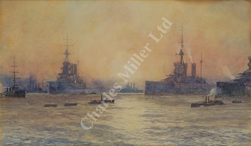 Lot 80 - δ GUY STANDING (BRITISH, 20TH CENTURY) - Battlecruisers at dusk