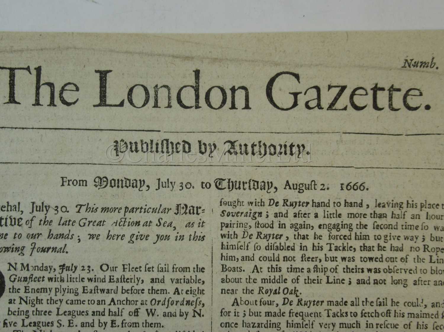 Lot 40 - THE LONDON GAZETTE: AN ACCOUNT OF THE ST JAMES'S DAY BATTLE / BATTLE OF ORFORDNESS, 4TH AUGUST 1666