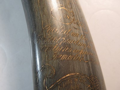 Lot 167 - A SCRIMSHAW DECORATED COW'S HORN COMMEMORATING TRAFALGAR AND ATTRIBUTED TO CHARLES WOOD, CIRCA 1860