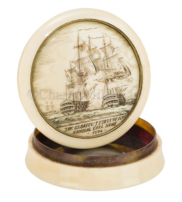 Lot 53 - Ø AN EARLY 19TH CENTURY IVORY AND TORTOISESHELL SNUFF BOX COMMEMORATING THE GLORIOUS 1ST OF JUNE, 1794