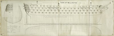 Lot 86 - AN ADMIRALTY DOCKYARD APPRENTICE PROFILE PLAN FOR THE FIRST RATE BATTLESHIP 'DUKE OF WELLINGTON', LAUNCHED 1852, CIRCA 1890