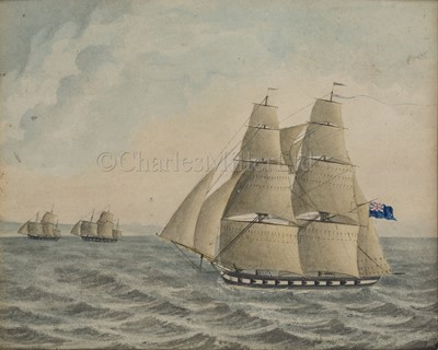 Lot 78 - OFFICER SCHOOL, EARLY 19TH CENTURY: H.M.S. 'Echo' chasing two French privateers off Dieppe, 1812