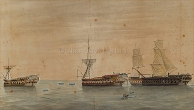 Lot 54 - NAVAL SCHOOL, CIRCA 1795: 'Censeur' and 'Ça Ira' taken by 'Illustrious' and 'Courageux' in Lord Hotham's action off Spezia, 14th March 1795