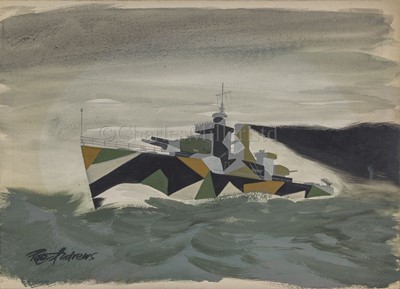 Lot 113 - PETER ANDREWS (BRITISH, 20TH CENTURY): A destroyer in dazzle camouflage