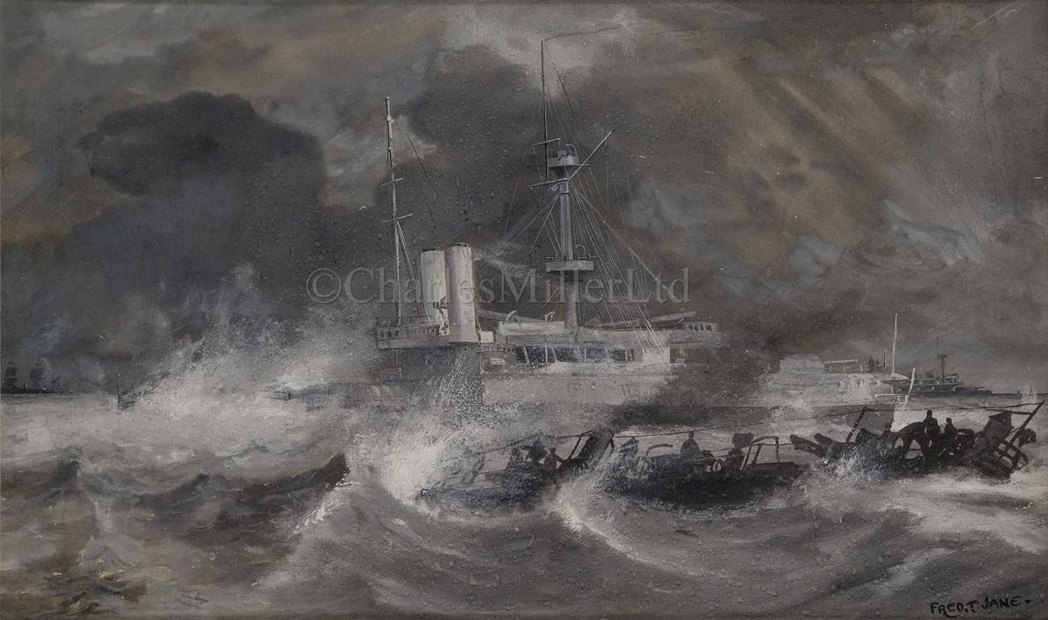 Lot 183 - FRED T. JANE (BRITISH, 1865-1916): Torpedo boat 65 and H.M.S. 'Sans Pareil'
