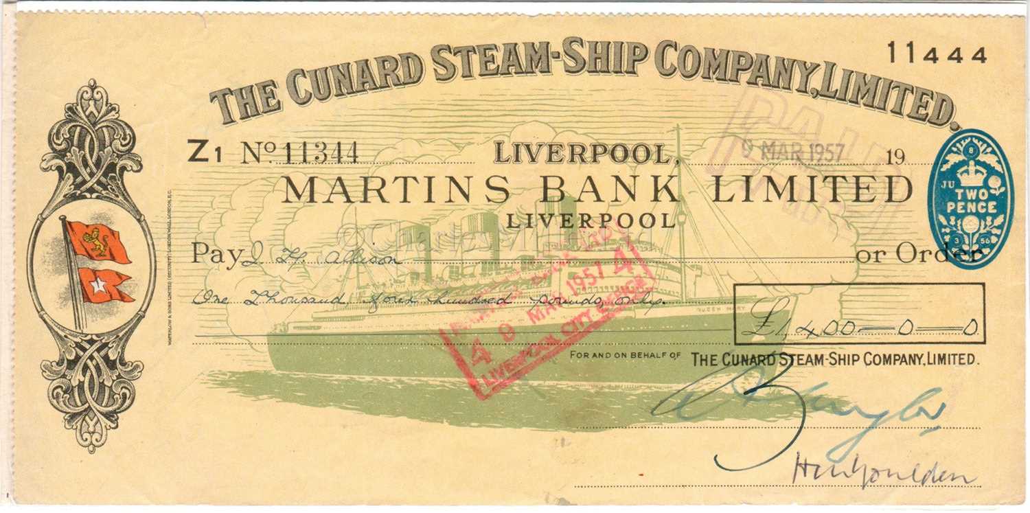 Lot 52 - A Cunard Steam-Ship Company Ltd cheque