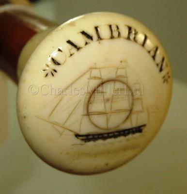 Lot 104 - Ø A 19TH CENTURY MALACCA AND MARINE IVORY WALKING STICK COMMEMORATING THE WHALER CAMBRIAN