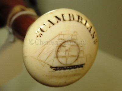 Lot 27 - Ø A 19TH CENTURY MALACCA AND MARINE IVORY WALKING STICK COMMEMORATING THE WHALER CAMBRIAN