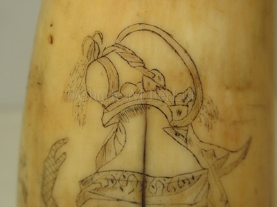 Lot 46 - Ø A  SAILOR'S SCRIMSHAW DECORATED WHALE'S TOOTH, CIRCA 1840