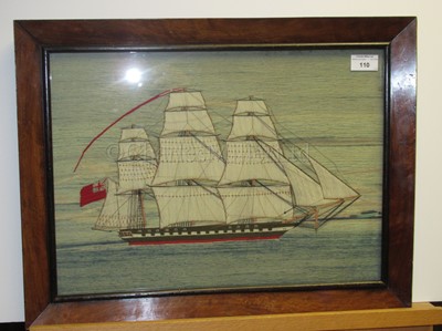 Lot 110 - A FINE 19TH CENTURY SAILOR'S WOOLWORK PICTURE OF A MAN-O'-WAR