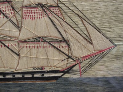 Lot 110 - A FINE 19TH CENTURY SAILOR'S WOOLWORK PICTURE OF A MAN-O'-WAR