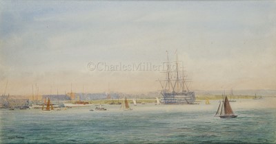 Lot 116 - IRWIN BEVAN (BRITISH, 1852-1940): H.M.S. 'Victory' in Portsmouth Harbour