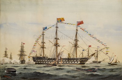 Lot 176 - WILLIAM MACKENZIE THOMSON (BRITISH, FL. 1870-1892); The Queen's Birthday, a visit to H.M.S. 'St George'