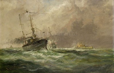 Lot 193 - ERNEST WILLIAM LARA (BRITISH, 1870-1940) : H.M.S. 'Birmingham' Sinking 'U-15' in the North Sea, 1914