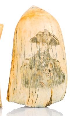 Lot 123 - Ø A SCRIMSHAW DECORATED WHALE'S TOOTH OF NELSON