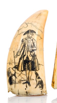 Lot 122 - Ø A 19TH CENTURY SCRIMSHAW DECORATED WHALE'S TOOTH