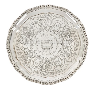 Lot 172 - AN HISTORICALLY INTERESTING SILVER SALVER PRESENTED TO CAPTAIN EDWARD INGLELFIELD, 1857