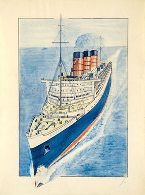 Lot 94 - GEOFFREY RICHARD MORTIMER (BRITISH, 1895-1986): The Queen Mary At Sea
