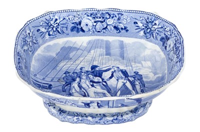 Lot 144 - A RARE BLUE AND WHITE 'DEATH OF NELSON' PATTERN TAZZA BY JONES & SON, CIRCA 1826